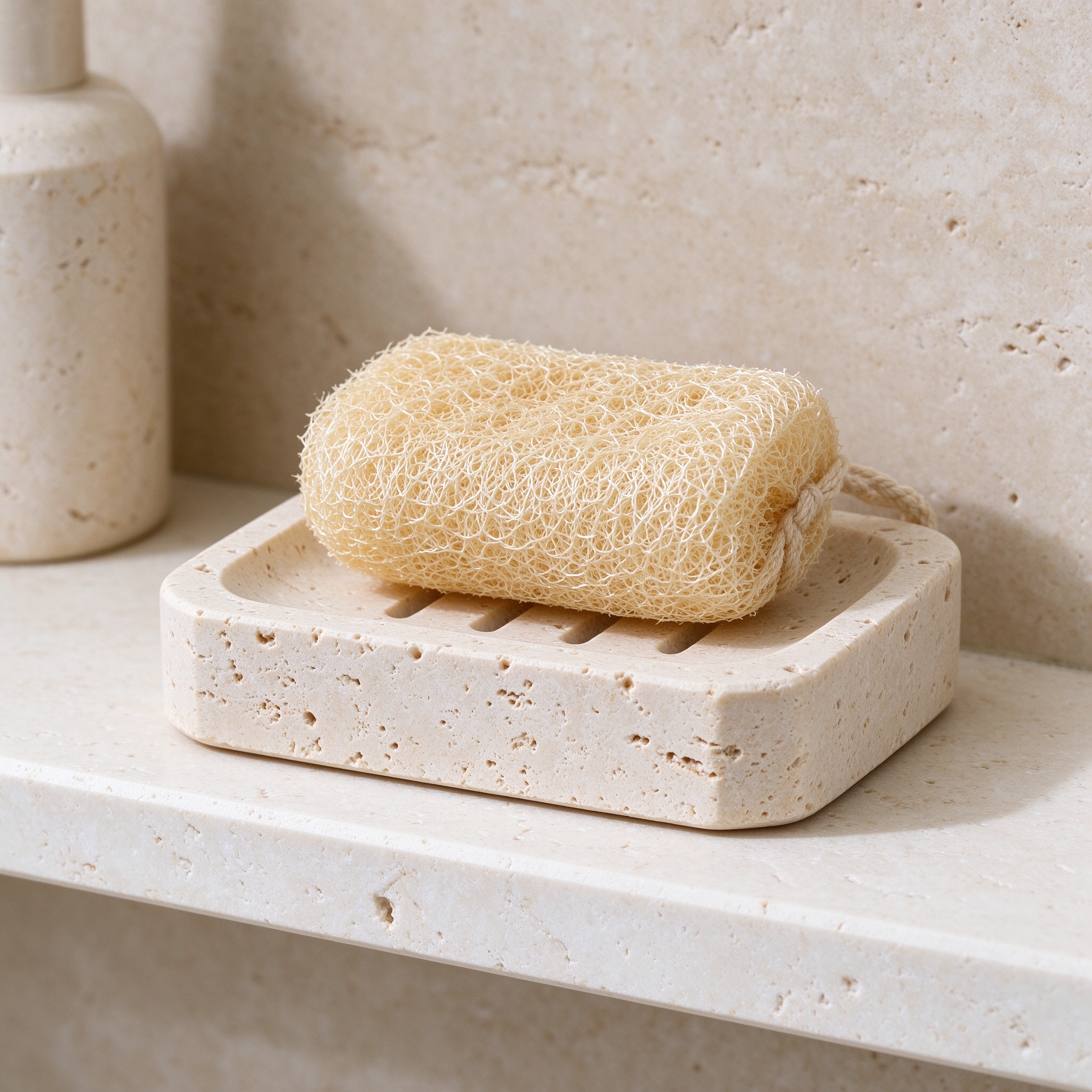 Travertine Soap Dish & Loofah