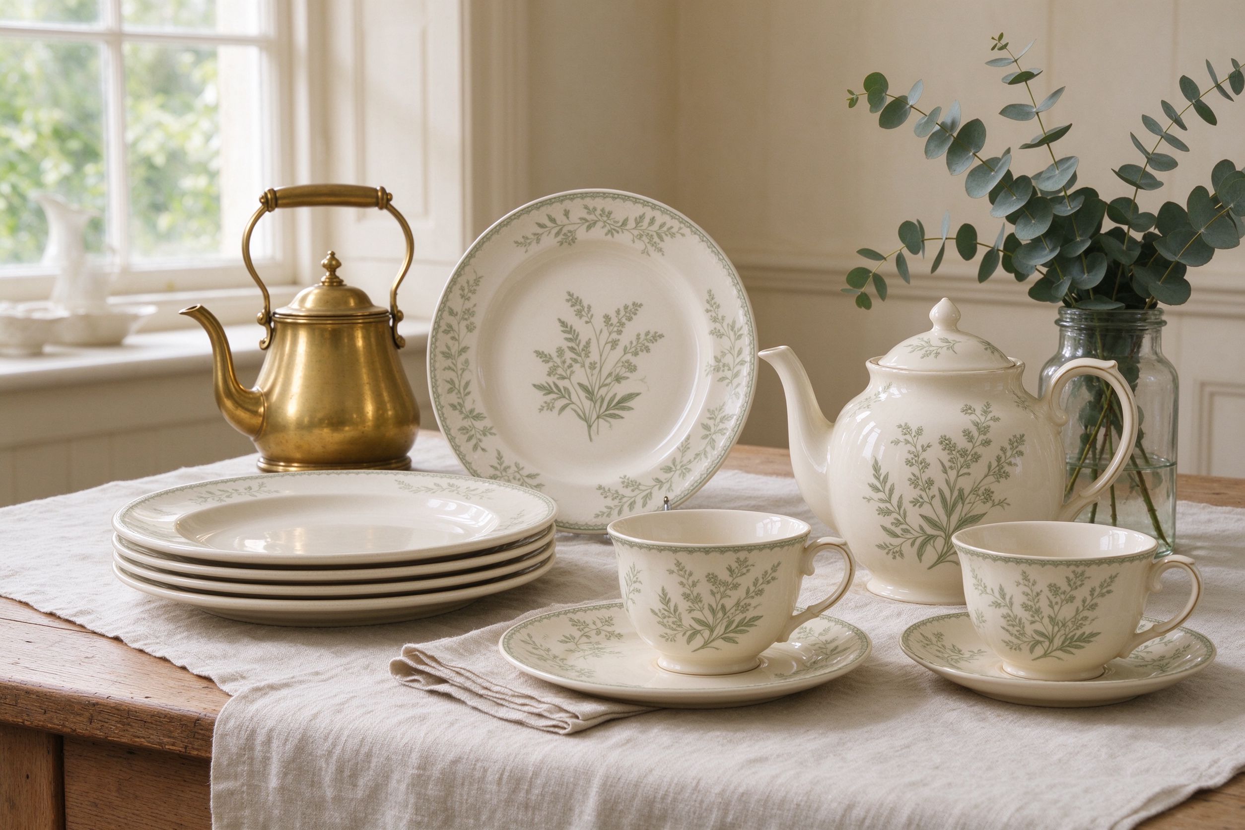 British heritage kitchen table with stoneware plates and a botanical ceramic tea set
