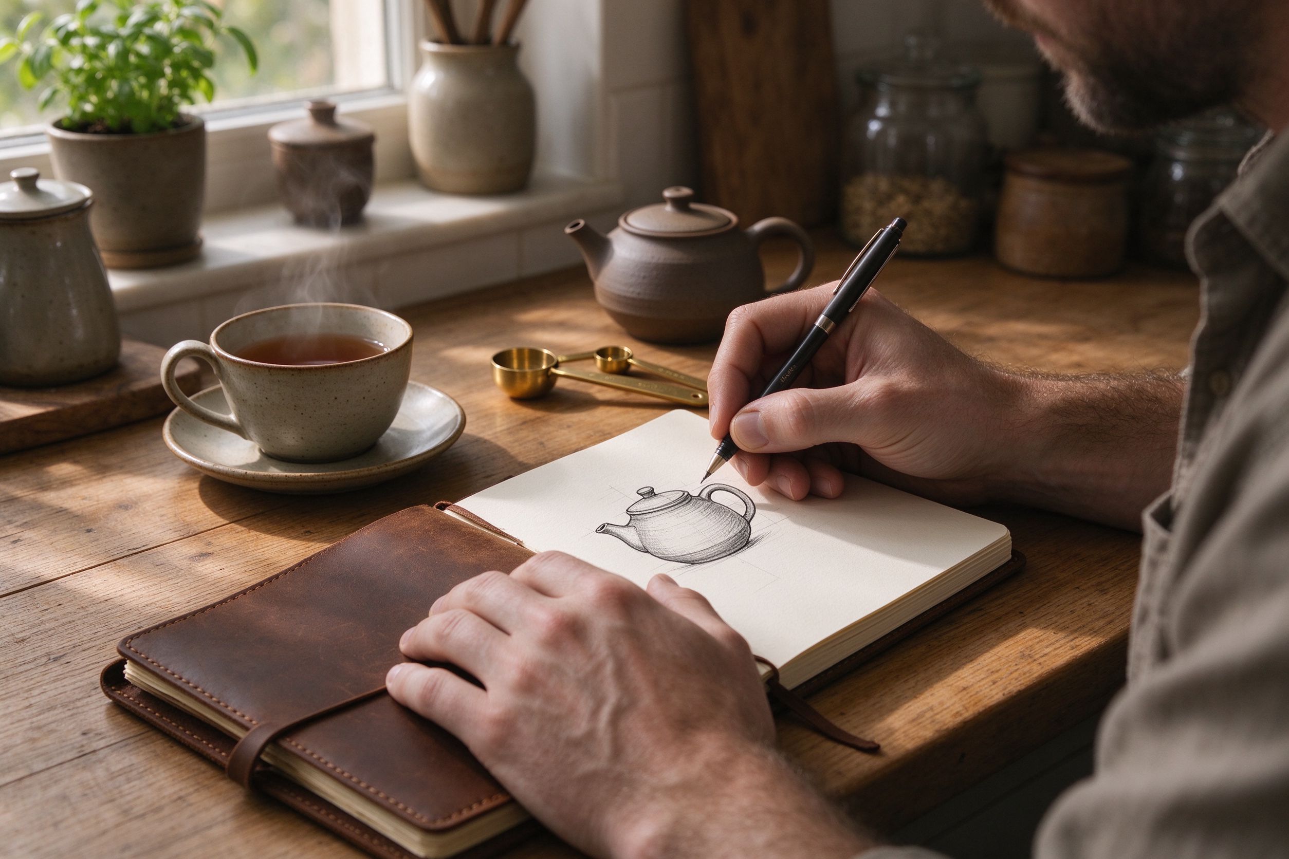 James sketching a stoneware teapot design in a leather notebook at the kitchen table